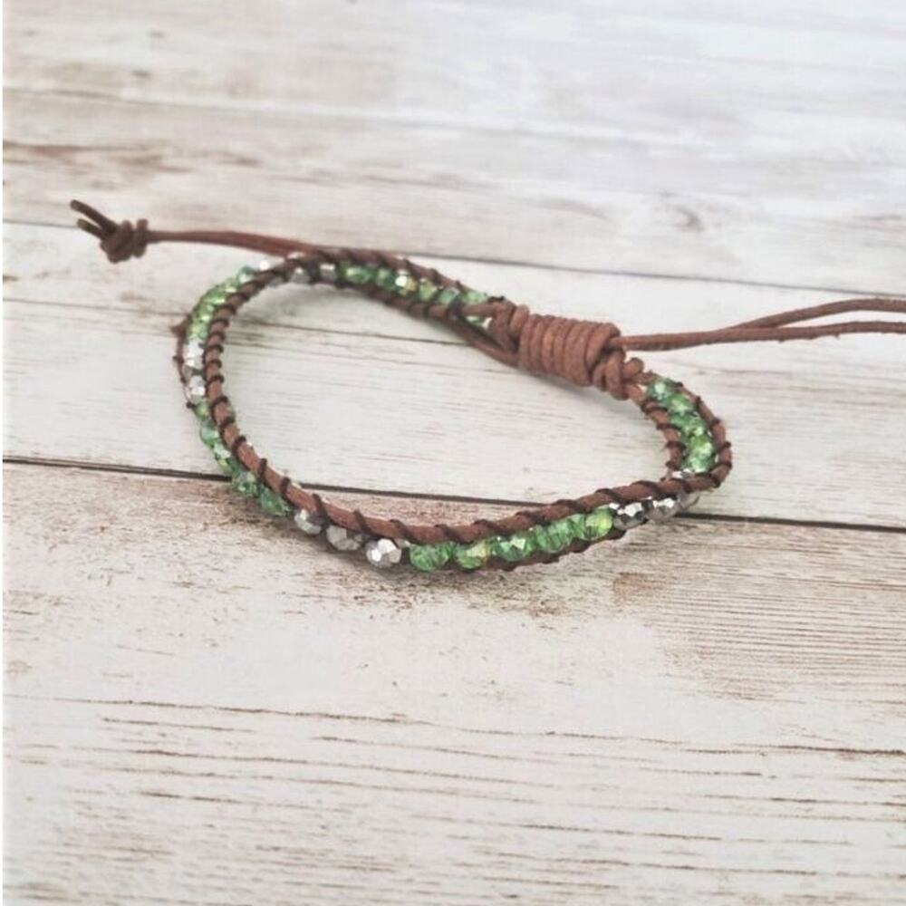 Brown Cord with Green Beads Adjustable Bracelet
